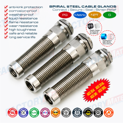 AISI 316L, AISI 316, AISI 304 Stainless Steel Metal PG Flexible Cable Gland (IP68) with Additional Spiral Strain Relief