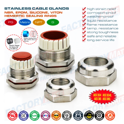 Anti-Corrosion IP68 Metric Stainless Steel Cable Glands 304, 304L, 316, or 316L SCG Series with Silicone Seal & O-Ring