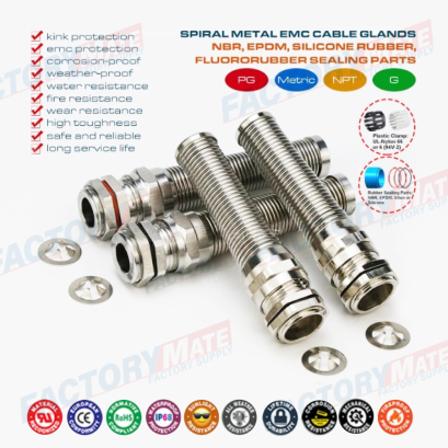 EMC Version 304 or 316 Grade Stainless Steel Cable Glands PG7~PG48 with Spiral Flexible Strain Relief Protector