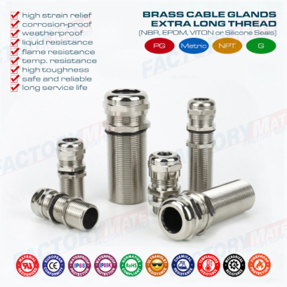 Long Thread Cable Gland, IP68/IP69K Brass Metal Cable Glands with Extralong Thread PG7~PG48 & M12~M63 for Thick Panel