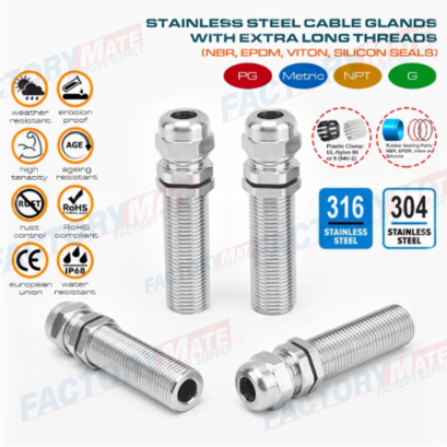 Long Thread Cable Glands IP68, Stainless Steel EN 1.4404/1.4401/1.4301, Metric M12~M100, for Thick Enclosure