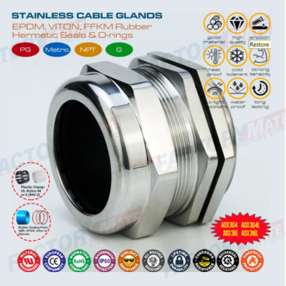 M50 Metric IP68 Cable Gland Stainless Steel Type 304, 316, 316L with EPDM Seal & O-Ring for 22–32mm Cable