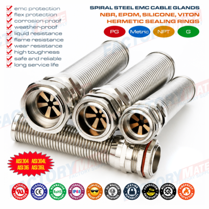 NPT Thread Stainless Steel EMC Cable Glands (Cord Grips) IP68 with Spiral Flex Protector