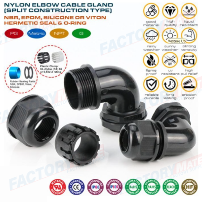 Divided Type Right Angle (90&deg; Elbow) Hermetic Metric Cable Glands IP68 with Locknuts & Flat Gaskets