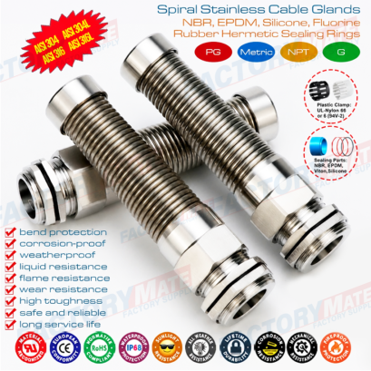 SS304 / SS316 Stainless Steel Metallic PG Cable Glands IP68 with Spiral Protecting Spring