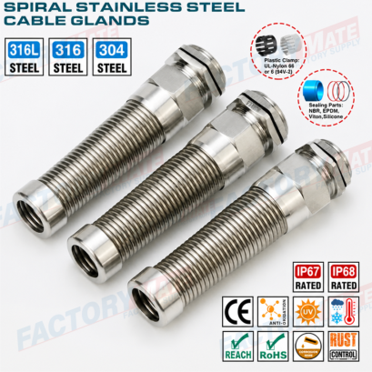Stainless Steel IP68 Cable Glands, Spiral Strain Relief, Inox 304, 316 or 316L, Metric Pitch, M12~M50