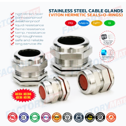 IP68 Watertight PG Cable Glands Stainless Steel Inox 304, 316, 316L with Viton Fluororubber Seals & O-rings