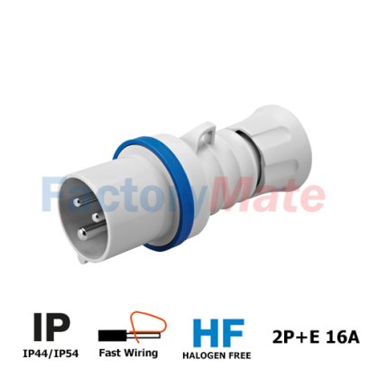 GW60004FH IEC 309 HP range STRAIGHT PLUG HP - IP44/IP54 - 2P+E 16A 200-250V 50/60HZ - BLUE - 6H - FAST WIRING.