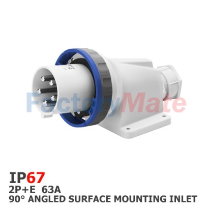 GW61448  90° ANGLED SURFACE MOUNTING INLET - IP67 - 2P+E 63A 200-250V 50/60HZ - BLUE - 6H - MANTLE TERMINAL