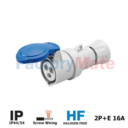 GW62004H STRAIGHT CONNECTOR HP - IP44/IP54 - 2P+E 16A 200-250V 50/60HZ - BLUE - 6H - SCREW WIRING