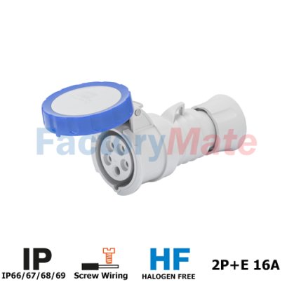 GW62026H STRAIGHT CONNECTOR HP - IP66/IP67/IP68/IP69 - 2P+E 16A 200-250V 50/60HZ - BLUE - 6H - SCREW WIRING