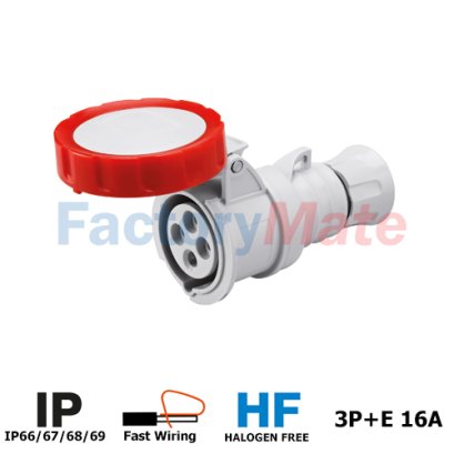 GW62030FH STRAIGHT CONNECTOR HP - IP66/IP67/IP68/IP69 - 3P+E 16A 380-415V 50/60HZ - RED - 6H - FAST WIRING