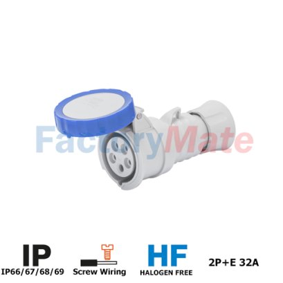 GW62037H  STRAIGHT CONNECTOR HP - IP66/IP67/IP68/IP69 - 2P+E 32A 200-250V 50/60HZ - BLUE - 6H - SCREW WIRING