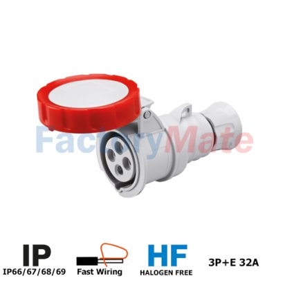 GW62041FH  STRAIGHT CONNECTOR HP - IP66/IP67/IP68/IP69 - 3P+E 32A 380-415V 50/60HZ - RED - 6H - FAST WIRING