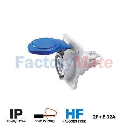 GW62216FH  10° ANGLED FLUSH-MOUNTING SOCKET-OUTLET HP - IP44/IP54 - 2P+E 32A 200-250V 50/60HZ - BLUE - 6H - FAST WIRING
