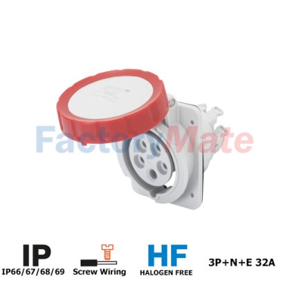 GW62243H   10° ANGLED FLUSH-MOUNTING SOCKET-OUTLET HP - IP66/IP67 - 3P+N+E 32A 380-415V 50/60HZ - RED - 6H - SCREW WIRING