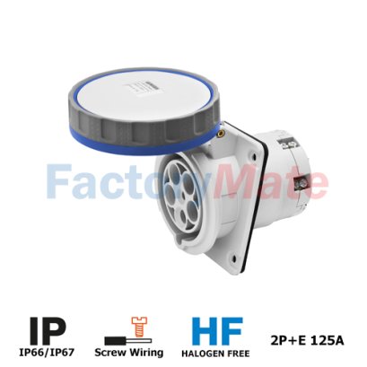 GW62966H  10° ANGLED FLUSH-MOUNTING SOCKET-OUTLET HP - IP66/IP67 - 2P+E 125A 200-250V 50/60HZ - BLUE - 6H - MANTLE TERMINAL