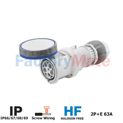 GW63048PH  STRAIGHT CONNECTOR HP - IP66/IP67/IP68/IP69 - 2P+E 63A 200-250V 50/60HZ - BLUE - 6H - PILOT CONTACT - MANTLE TERMINAL