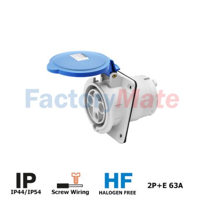 GW63216H  10° ANGLED FLUSH-MOUNTING SOCKET-OUTLET HP - IP44/IP54 - 2P+E 63A 200-250V 50/60HZ - BLUE - 6H - MANTLE TERMINAL