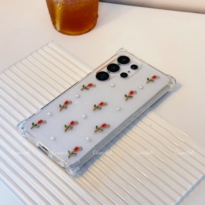 /เคสน่ารัก/ กุหลาบแดงพื้นใส (เพิ่มสายคล้องมือได้)