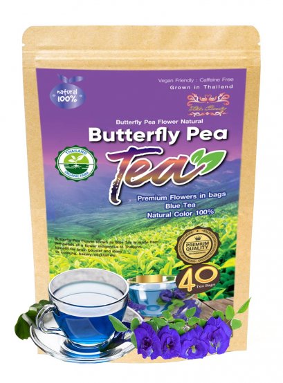 40 Tea bags Butterfly pea flower Herbal Healthy Thai Dried Clitoria Ternatea Herbs Blue Purple Nootropic Beverage for Healthy Skin Hair Stress Relax Calm natural for coloring food drinks Asian tea
