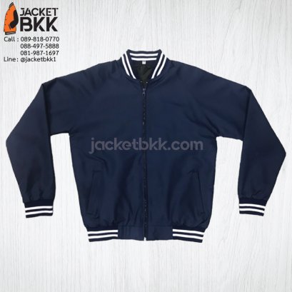 เสื้อแจ็คเก็ต ทรงเบสบอล แบบคอตั้งทอพรม สีกรมท่า ปกขลิปขาว