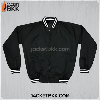 JMB-02-01 เสื้อแจ็คเก็ต ทรงเบสบอล แบบคอตั้งทอพรม สีดำ ปกขลิปขาว