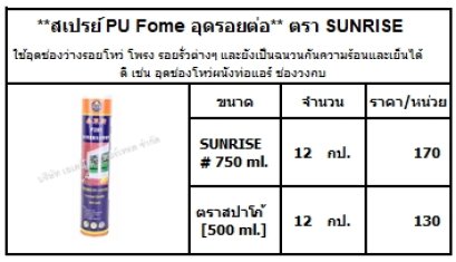 **สเปรย์ PU Fome อุดรอยต่อ** ตรา SUNRISE