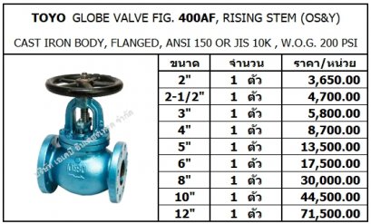 TOYO  GLOBE VALVE FIG. 400AF, RISING STEM (OS&Y)