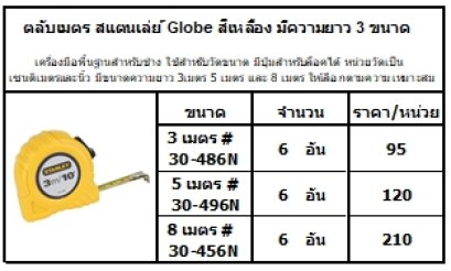 เครื่องมือพื้นฐานสำหรับช่าง ใช้สำหรับวัดขนาด มีปุ่มสำหรับล็อคได้ หน่วยวัดเป็นเซนติเมตรและนิ้ว มีขนาดความยาว 3เมตร 5 เมตร และ 8 เมตร ให้เลือกตามความเหมาะสม