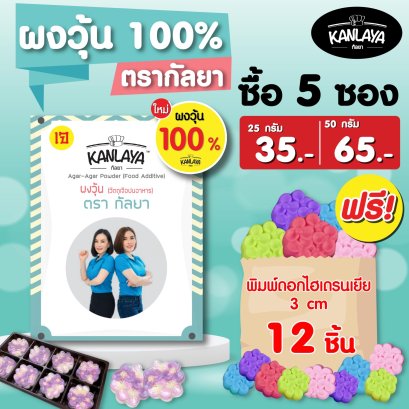 ผงวุ้น 100% ขนาด 50 กรัม 5ซอง แถมพิมพ์ดอกไฮเดรนเยีย 3cm