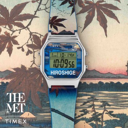 TIMEX TW2W25300 Digital The MET HIROSHIGE นาฬิกาข้อมือผู้หญิง สายเรซิ่น สีน้ำเงิน หน้าปัด 34 มม.