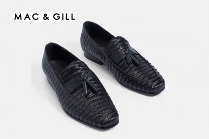 รองเท้าผู้ชายหนังแท้แบบสวมใส่ไม่ทางการ Tassel Apron-Toe Black Leather Loafers MAC & GILL