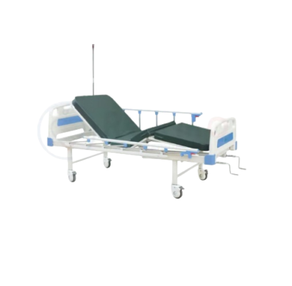 เตียงผู้ป่วย 2 ไกร์ มือหมุน หัวท้าย ABS ราวสไลด์พร้อมเสาน้ำเกลือ (ที่นอนสีเขียว) รุ่น PS07(A)