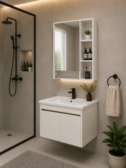 Blue diamond, Wash basin with complete glass cabinet (white wood pattern) model FH833