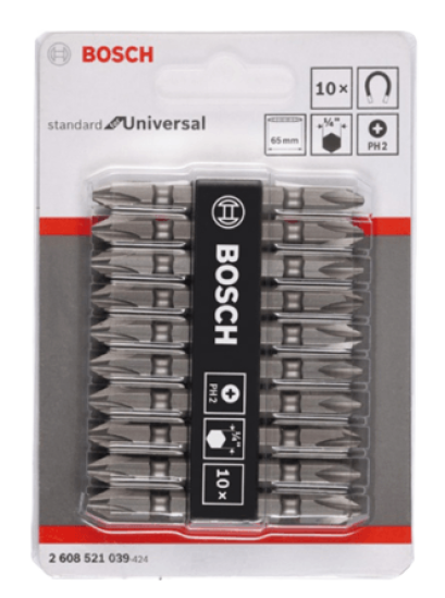 ชุดดอกไขควงแฉก PH2-65มม. สีเงิน BOSCH  10ดอก/แพ็ค