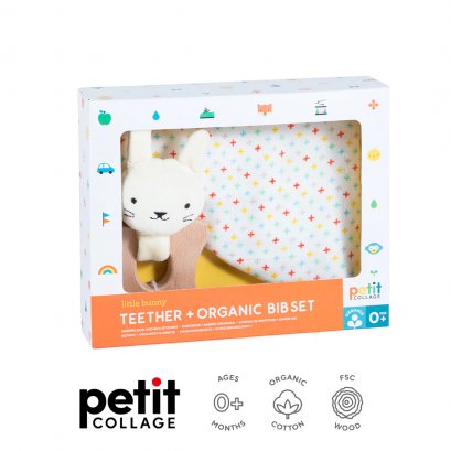 Petit Collage ชุดของขวัญสำหรับเด็กอ่อน ที่ไม้กัด (กระต่าย) + ผ้ากันเปื้อนผ้าฝ้ายออร์แกนิค Teether + Organic Cotton Bib Set