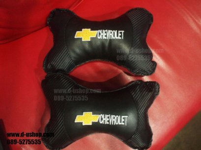 หมอนรองคอโลโก้เชฟหนังดำทรงกระดูก สำหรับรถ Chevrolet ทุกรุ่น