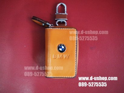 พวงกุญแจหนังดำแบบมีโลโก้รุ่นมีซิปปิดเปิด BMW รุ่นสีน้ำตาล