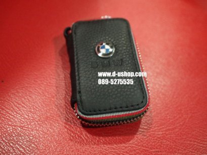 พวงกุญแจหนังดำแบบมีโลโก้รุ่นมีซิปปิดเปิด BMW รุ่นหนังดำด้ายแดง