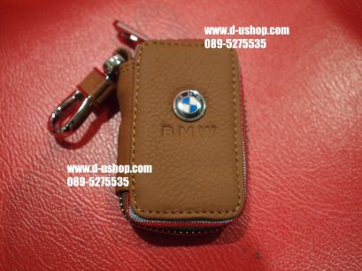 พวงกุญแจหนังดำแบบมีโลโก้รุ่นมีซิปปิดเปิด BMW รุ่นหนังครีมด้ายแดง