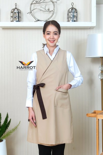 ผ้ากันเปื้อน แบบชุดคลุม ผ้ากันเปื้อน ผ้ากันเปื้อนเสิร์ฟ สีกากี กุ๊นน้ำตาล (DSA0002)