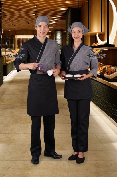เสื้อกุ๊ก เสื้อเชฟ ชุดเชฟ เสื้อพ่อครัว ญี่ปุ่น สีดำ - เทาโอซาก้า (FSS0621)