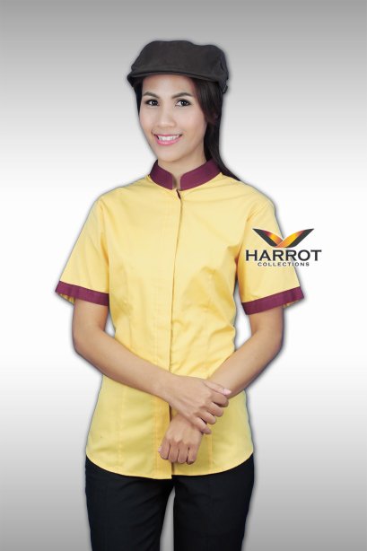 เสื้อพนักงานเสิร์ฟ คอจีน สีเหลืองแต่งสีเลือดหมู