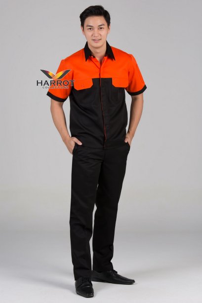 เสื้อช๊อป แขนสั้น สีส้ม-ดำ