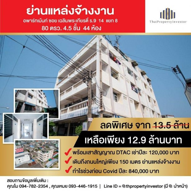 Apartment for Sale!!! 4.5 floors 44 rooms with area of 80 squares located at Chalerm Phrakiat Rama 9 Soi 14 near the entrance near the source of employment and very SPECIAL PRICE!!!!