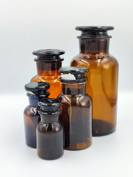 ขวดใส่สารสีชาปากกว้าง Reagent Bottle Amber Wide Mouth Glass Stopper