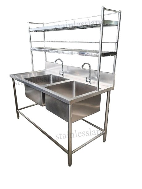 ซิงค์สแตนเลส 2 หลุมพร้อมชั้นวาง + ที่พัก