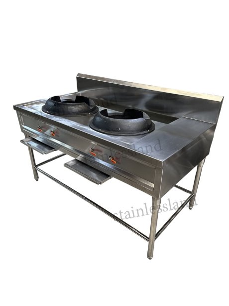 เตาจีนสแตนเลส 2 หัวพร้อมที่พักด้านข้าง