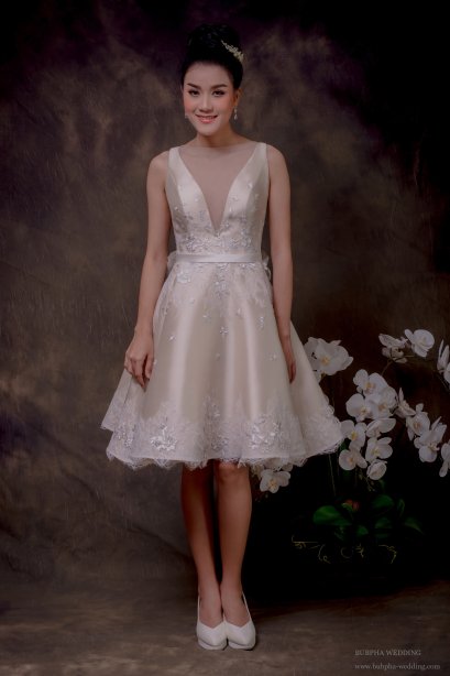 ชุดหมั้นเดรสสั้น สี แชมเปญ ทรงA  Minimal ชุดที่ 5